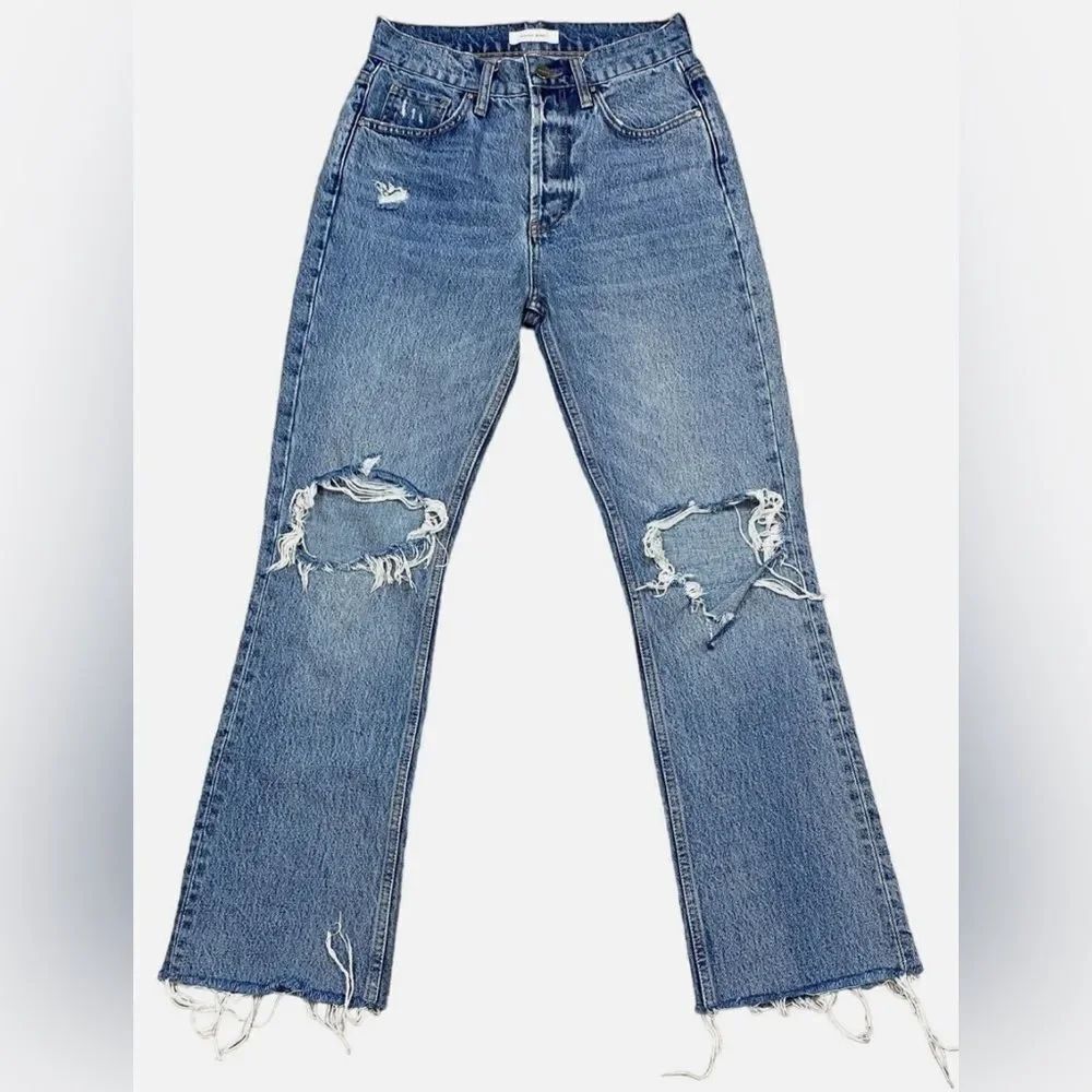ANINE BING Ripped Frayed Hem Kick Flare Women's 26 button fly jeans